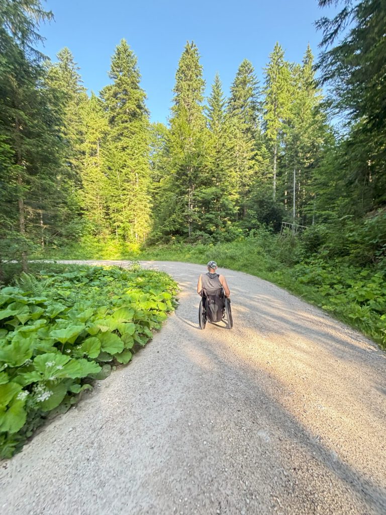 Ein Rollstuhlfahrer auf einem Wanderweg.