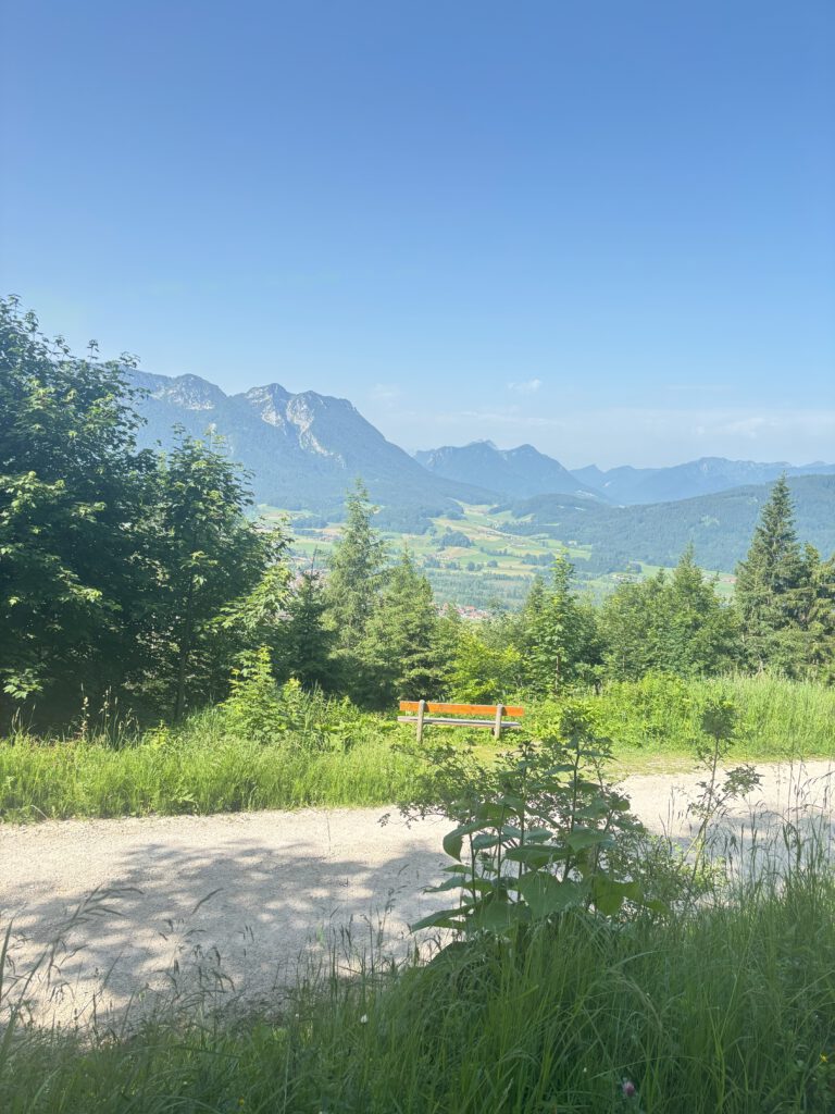 Blick auf die umliegenden Berge bei der Wanderung Richtung Bäckeralm. Es ist blauer Himmel. Die Wiesen sind saftig grün.